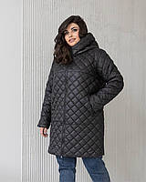 Стеганное пальто в больших размерах демисезонное плащевое на молнии с капюшоном (р. 50-60) 65PA246