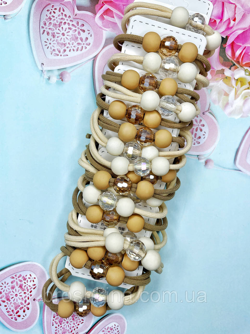 Гумки для волосся Ø6 см із намистинами 20 шт./пач., фото 1