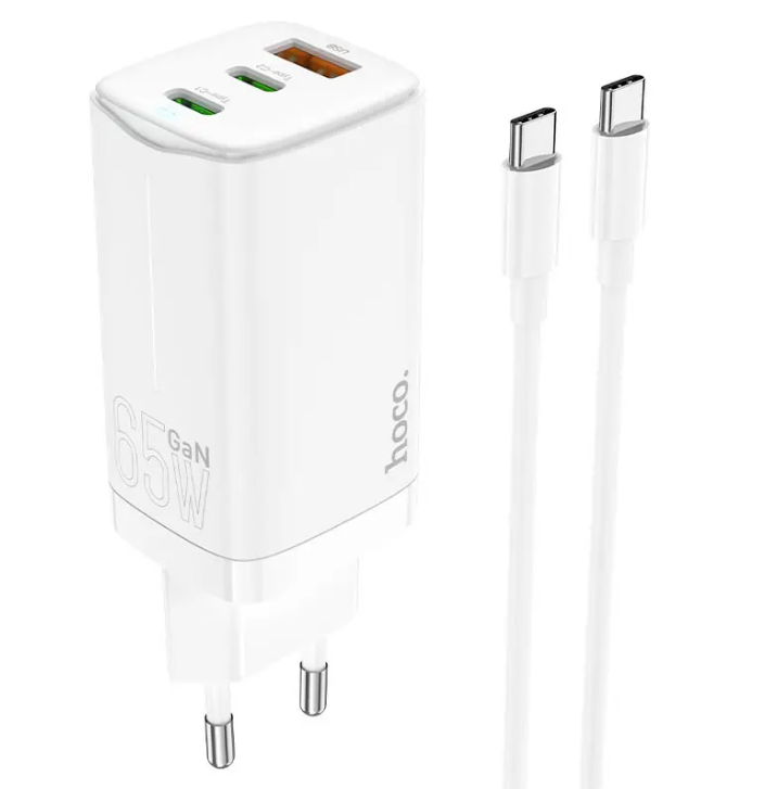 Мережевий зарядний пристрій Hoco Scenery 65 W 1 USB порт і 2 Type-C + кабель Type-C на Type-C 1 м White (N16)