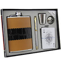 Эксклюзивная фляга кожаная, карты, ручка и стаканчик. 260 мл. FP17122