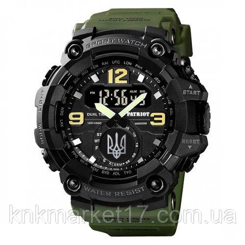 Тактичний багатофункціональний годинник Patriot 004AGUASI Тризуб срібло Зелені + Коробка, фото 1