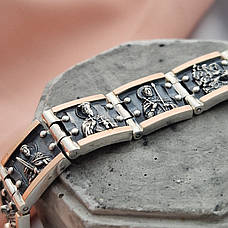 Браслет срібний чоловічий Святі мужі із золотими вставками та чорнінням, широкий браслет із срібла із золотом, фото 3