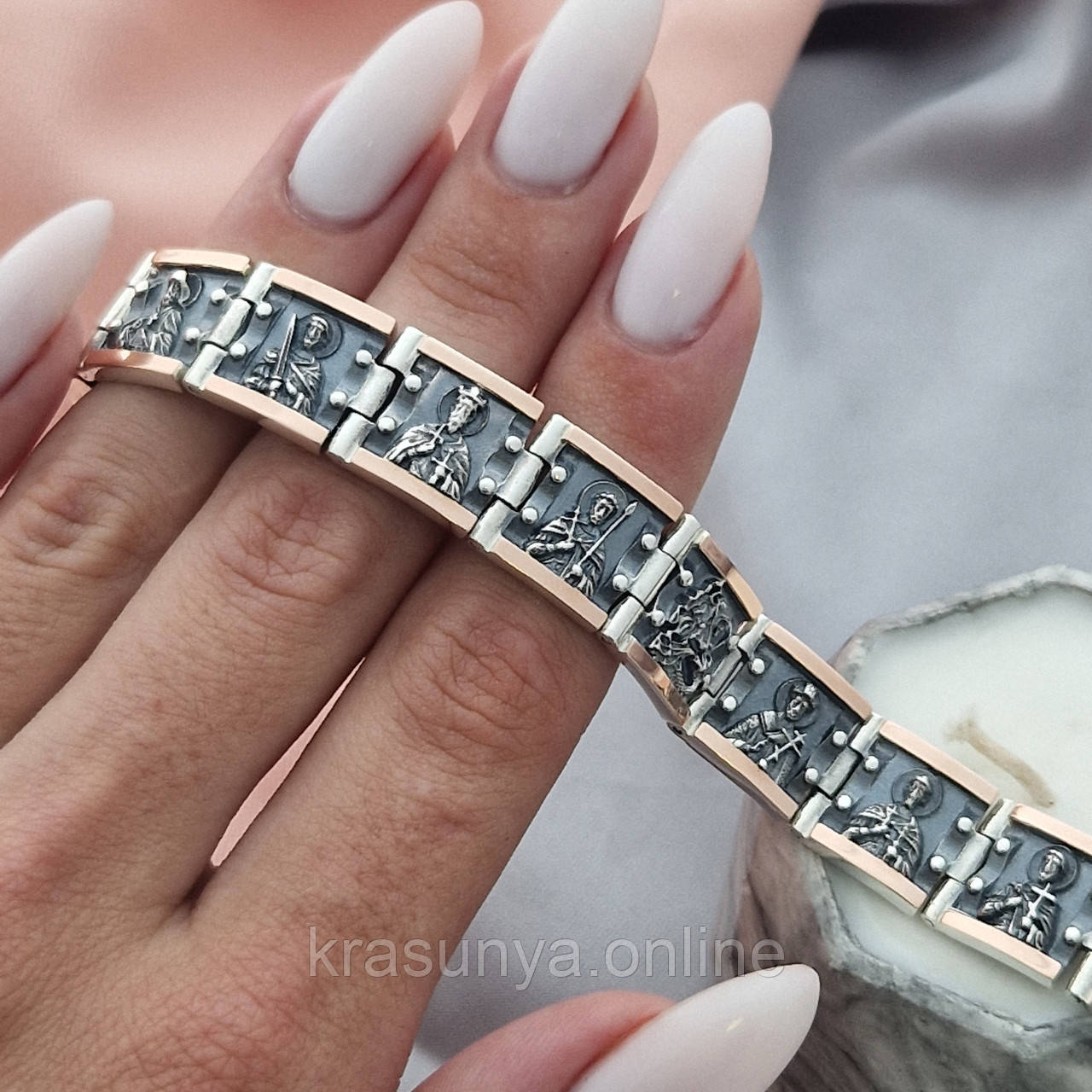 Браслет срібний чоловічий Святі мужі із золотими вставками та чорнінням, широкий браслет із срібла із золотом