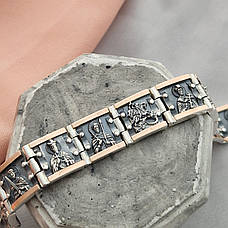 Браслет срібний чоловічий Святі мужі із золотими вставками та чорнінням, широкий браслет із срібла із золотом, фото 4