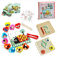 Деревянная игра Мозаика 10 силиконовых кулинарных форм, 81 шарик, две игровых панели, 36 карточек с фигурами и
