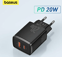 BASEUS 20W 3A Адаптер Швидкої Зарядки Baseus Compact Quick Charger Type-C + USB QC/PD Original (Чорний)