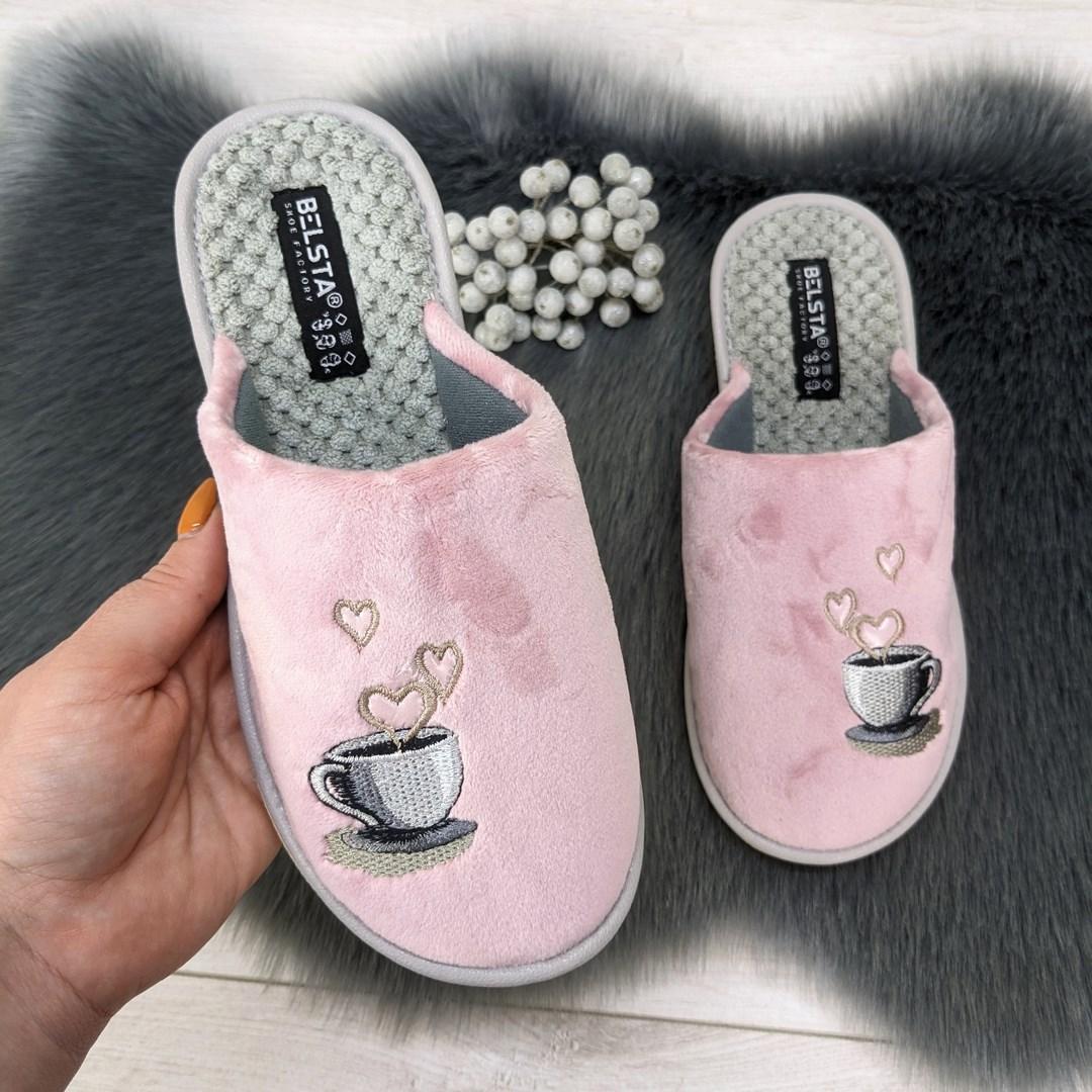 Капці жіночі домашні Белста рожево-сірі із закритим носком велюрові 2871, фото 1