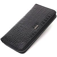 Місткий жіночий гаманець із натуральної шкіри з тисненням під крокодила BOND 21980 Чорний