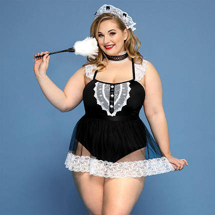 Костюм секс-покоївки JSY «Гаряча Кері» Plus Size Black, боді, спідниця, чокер, головний убір, мітелк, фото 1
