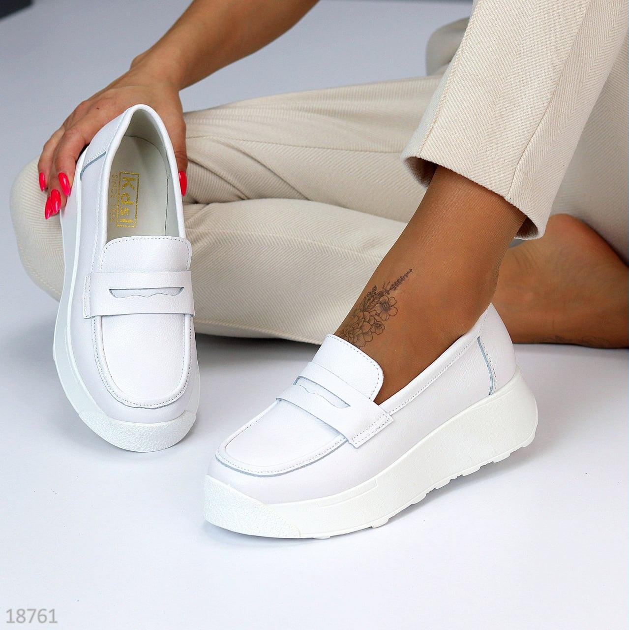 Женские кожаные лоферы стильные туфли на низком ходу белые натуральная кожа 38 - фото 5 - id-p1918703325