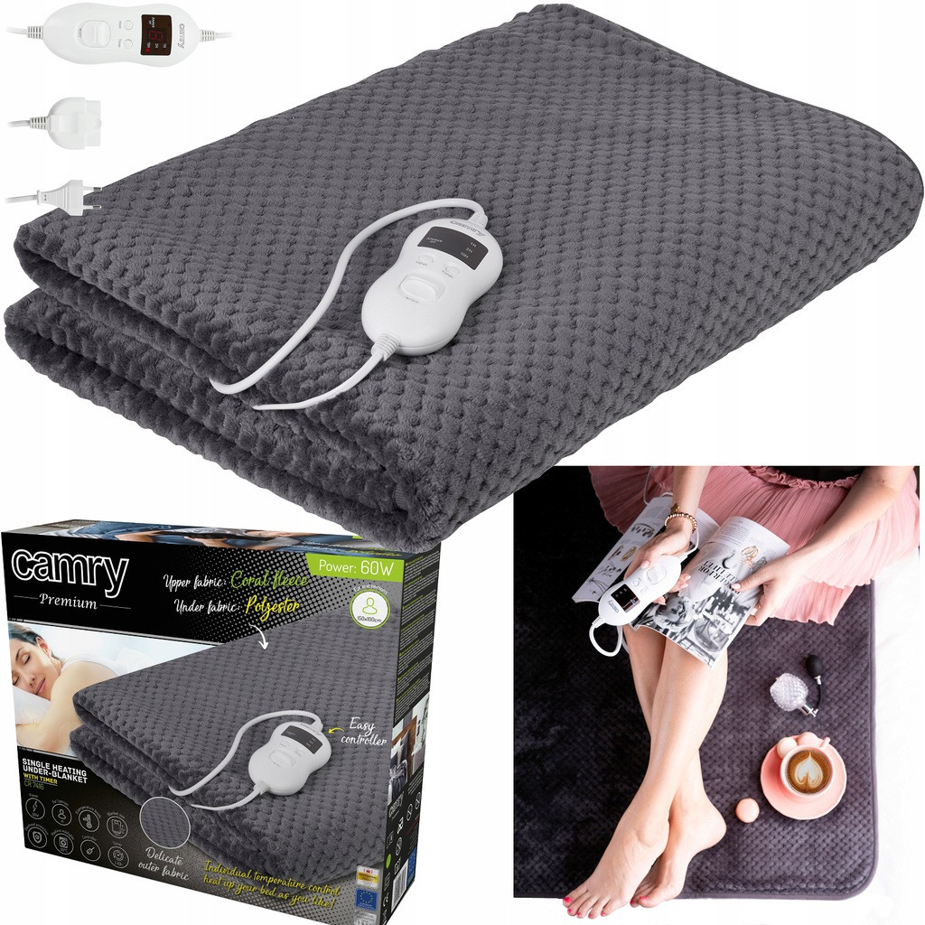 Електроковдра Camry CR 7416 — 100 × 150 см, 60 Вт, 8 рівнів нагрівання, таймер 1/2/10 год, машинне прання, фото 1