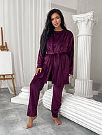 Тёплая зимняя велюровая плюшевая женская пижама домашний костюм тройка марсаловый цвет 54/56