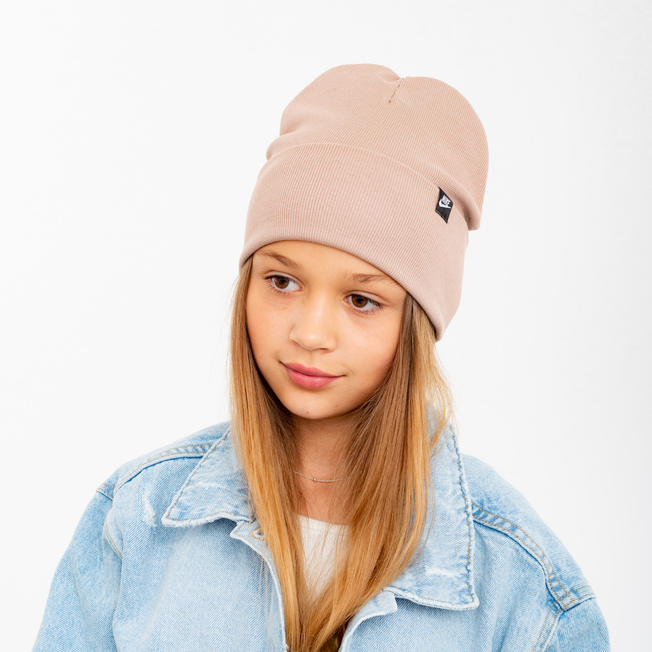Шапка бавовняна Рубчик Nike (відворот) беж