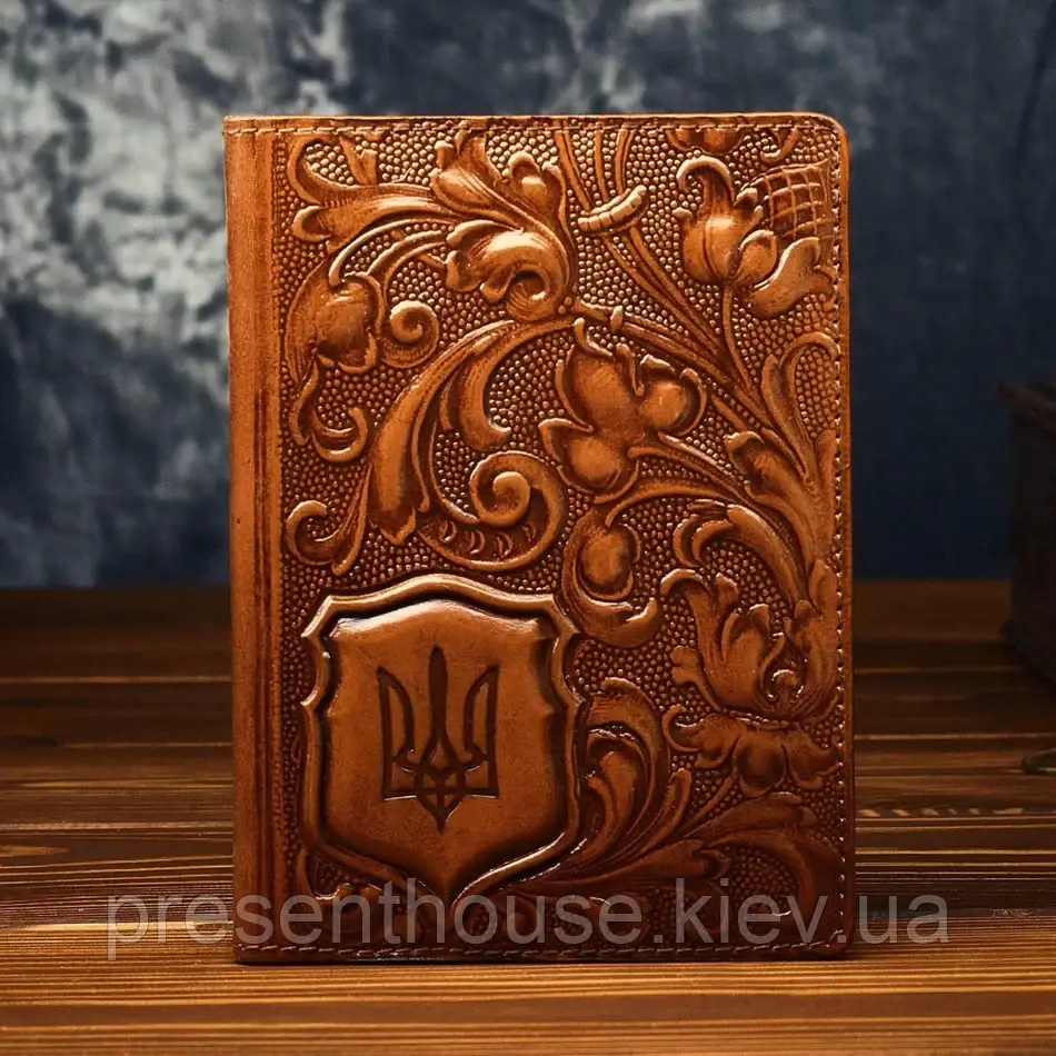 Шкіряна обкладинка для документів "Барвінок" ручної роботи, фото 1