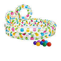 Детский надувной бассейн Intex 59469-1 Ананас 132 х 28 см с мячом и кругом с шариками 10 шт PP, код: 7428144