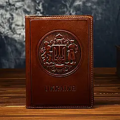 Шкіряна обкладинка для документів «Великий Герб України» ручної роботи