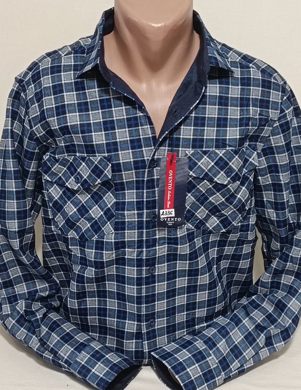 Чоловіча сорочка на флісі Ovento vd-2336 синя картата класична, тепла чоловіча сорочка на зиму (Туреччина) 41