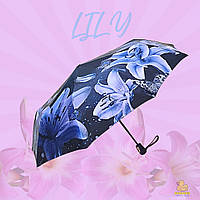 Женский зонт полуавтомат синий с атласными цветами Frei Regen 3017