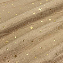 Двошаровий жатий муслін із золотими зірочками та крапками, фон коричневий, ширина 155 см № МЖ-3-94
