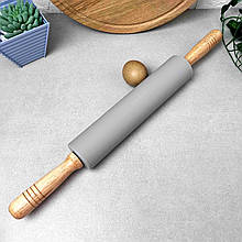 Велика силіконова качалка для розкочування тіста з дерев'яними ручками 42,5 см Сіра