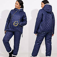 Крутий зимовий жіночий костюм лижний стьобана плащівка на синтепоні штани та куртка з капюшоном темно-синій