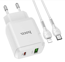 Мережевий зарядний пристрій HOCO Favor dual port PD20W 3 A QC 3.0 + кабель Type-C на Lightning White (N5)