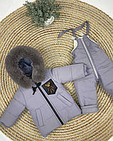 Теплий зимовий комплект куртка та напівкомбінезон з ведмедиком сірий р. 86