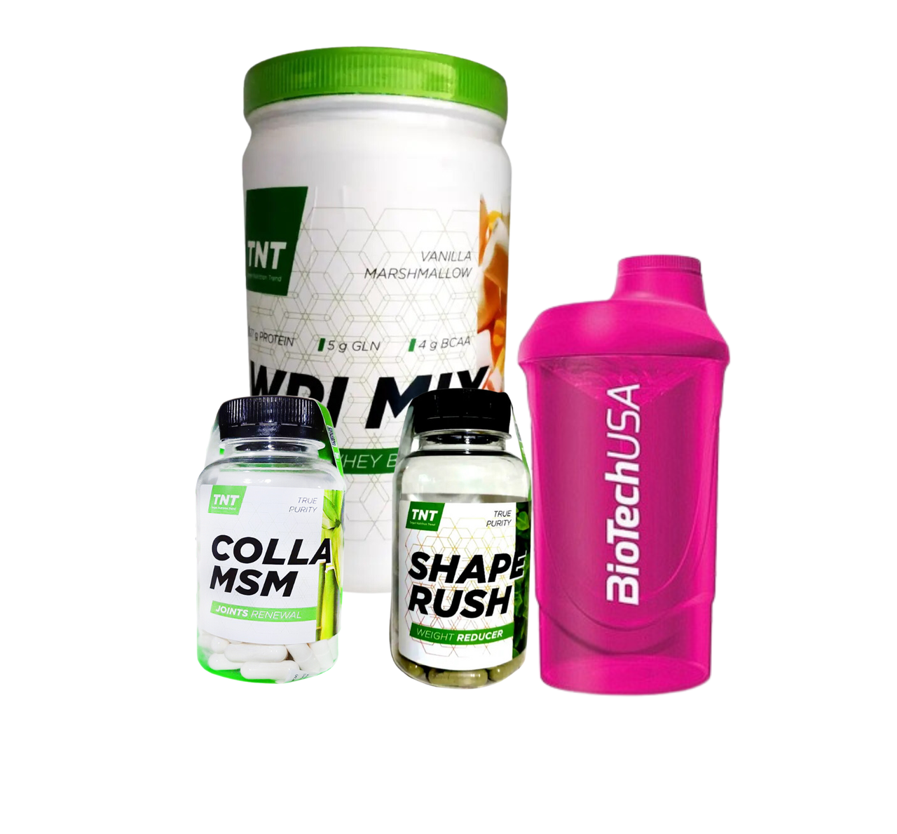 Жіночий набір для схуднення: Ізолят смак ваніль, жироспалювач Shape Rush, колаген COLLA-MSM TNT + Шейкер, фото 1