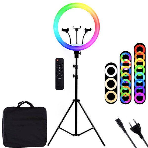 Кільцева світлодіодна лампа RGB MJ-56 на штативі, 56см, (3 знімних утримувача, пульт+батарейки, сумка)