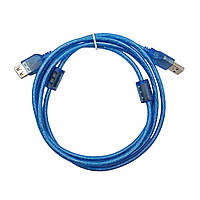 Удлинитель USB - USB / 2.0 для передачи данных и зарядки / 2 шт. ферритов / 1.8 метра / Прозрачный синий