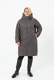 Куртка жіноча темно сіра зимова стьобана з капюшоном великого розміру 50