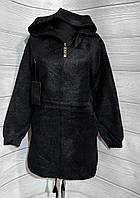 Женская кофта альпака черного цвета с капюшоном и завязкой по низу, размеры 54-60.