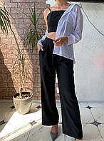 Жіночий чорно-білий класичний, діловий, брючний костюм 3-ка (топ + штани на високій посадці + сорочка-блузка)