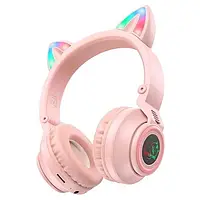 Беспроводные Bluetooth наушники Borofone BO18 "Кошачьи ушки" LED MP3 Pink