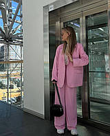 Женский яркий классический деловой брючной костюм пиджак двойка оверсайз и брюки с высокой посадкой 42/44, Розовый