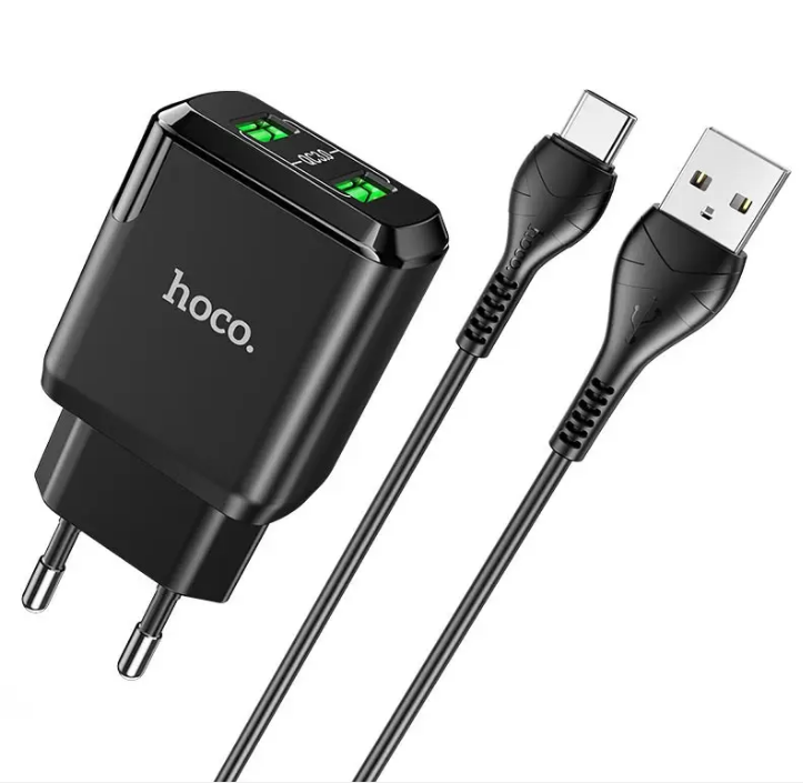 Мережевий зарядний пристрій HOCO Charmer 18 W 3 A QC 3.0 2 USB + кабель Type-C Black (N6)