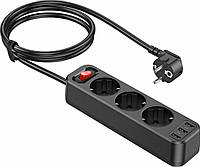 Мережевий зарядний пристрій HOCO 100-240 V 5 V 2.4 A 4000 W на 3 розетки + 3 USB-A кабель 1.8 м Black (NS2)