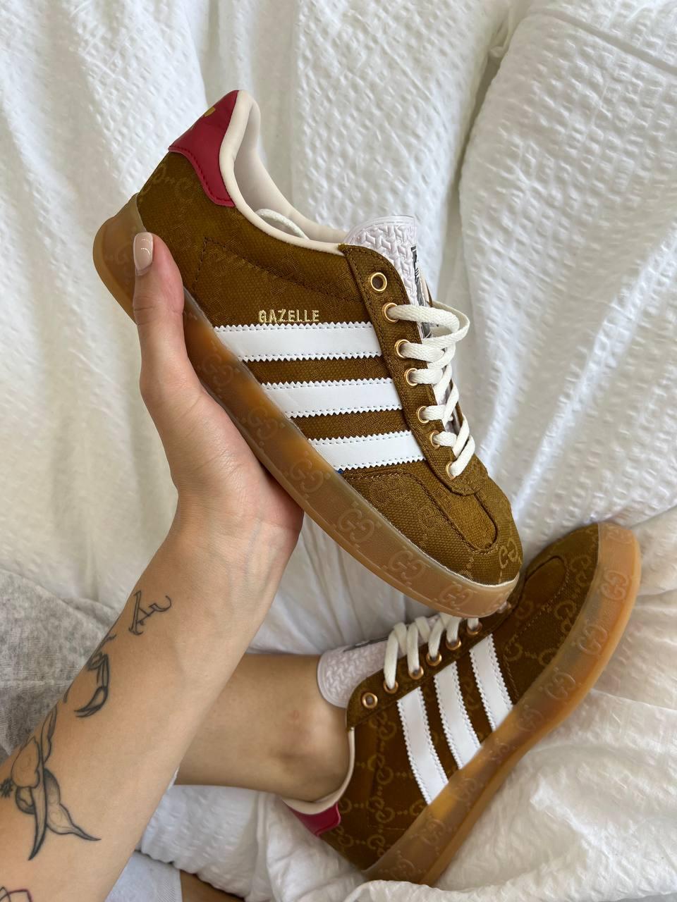 Чоловічі кросівки Adidas Gazelle x Gucci Caramel (коричневі) низькі стильні кроси шкіра карамель AS024