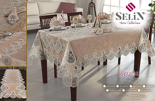 Красиву скатертину з мереживом 160 220 велюрова з ранером, святкова скатертина серветки на 12 персон Бежевий