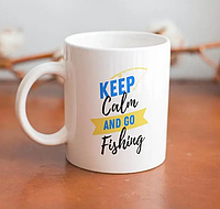 Чашка из керамики белая с оригинальной надписью Keep calm and go fishing 330 мл, кружка подарочная рыбаку BG