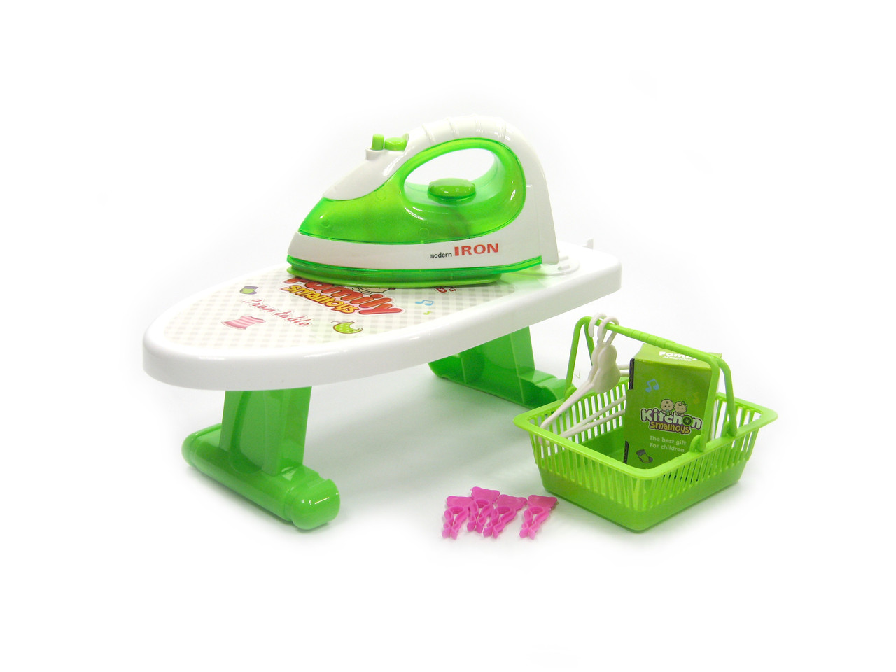Дитячий іграшковий набір 6605-1 прасувальна дошка, праска, вішалки, кошик для білизни, фото 1