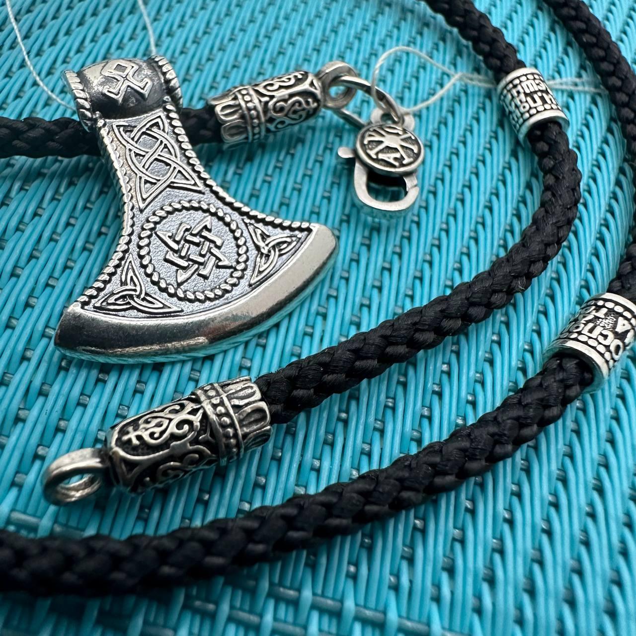 Срібна підвіска Секіра Перуна з чорним шовковим шнурком зі вставками зі срібла 925 проби