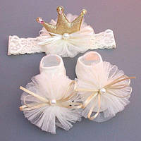 Комплект из 2 предметов, повязка на голову с короной для малышей, носки с бантиками для новорожденных 0-9 мес