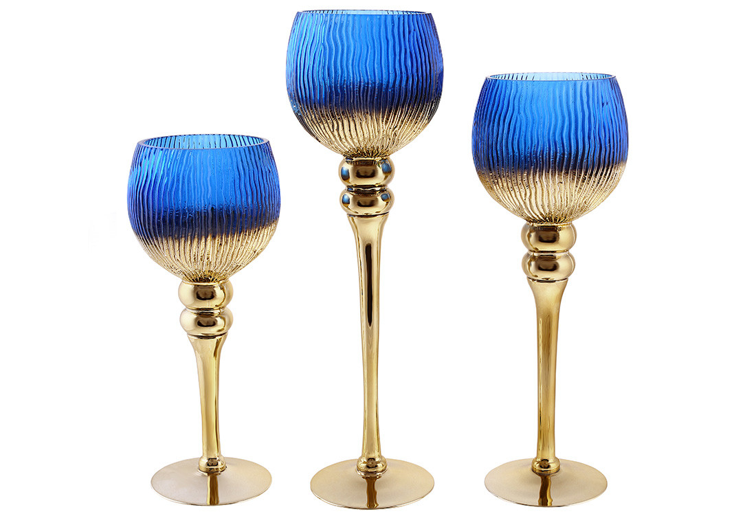 Набір (3 шт.) скляних свічників, 30/35/40 см, колір — сапфіровий синій із золотом, фото 1