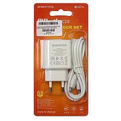 Зарядний пристрій Borofone BA67A USB, Type C з кабелем Type C 20W + QC3.0 швидка зарядка біла