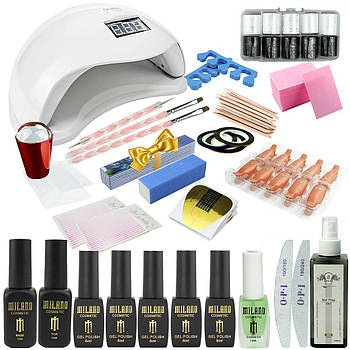 Стартовий набір для манікюру з лампою Sun 5 54 Вт з розхідниками та гель лаками база топ для маникюра 12ml