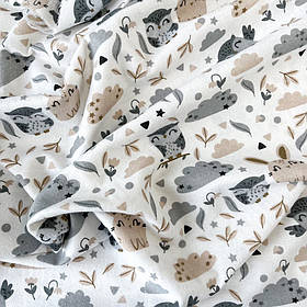 Фланель "Сови, зайченята бежеві, сірі на білому" 180 см