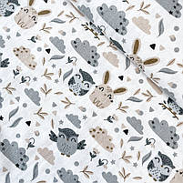 Фланель "Сови, зайченята бежеві, сірі на білому" 180 см, фото 2