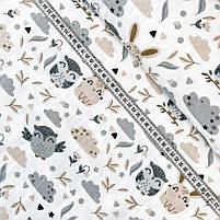 Фланель "Сови, зайченята бежеві, сірі на білому" 180 см, фото 3