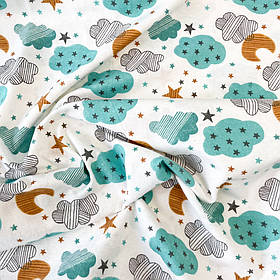 Фланель "Хмаринки бірюзові, сірі з місяцем на білому" 180 см